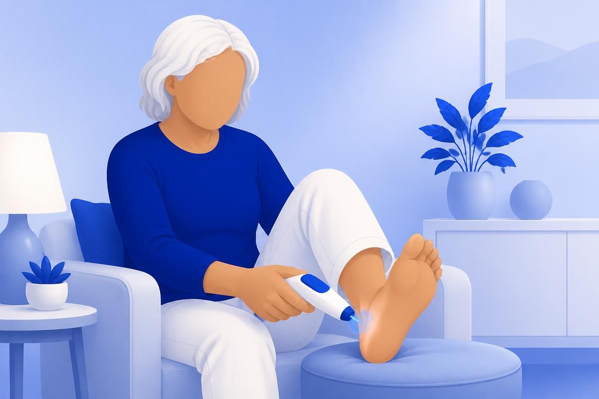 Person checking their foot temperature at home with PodiaScan